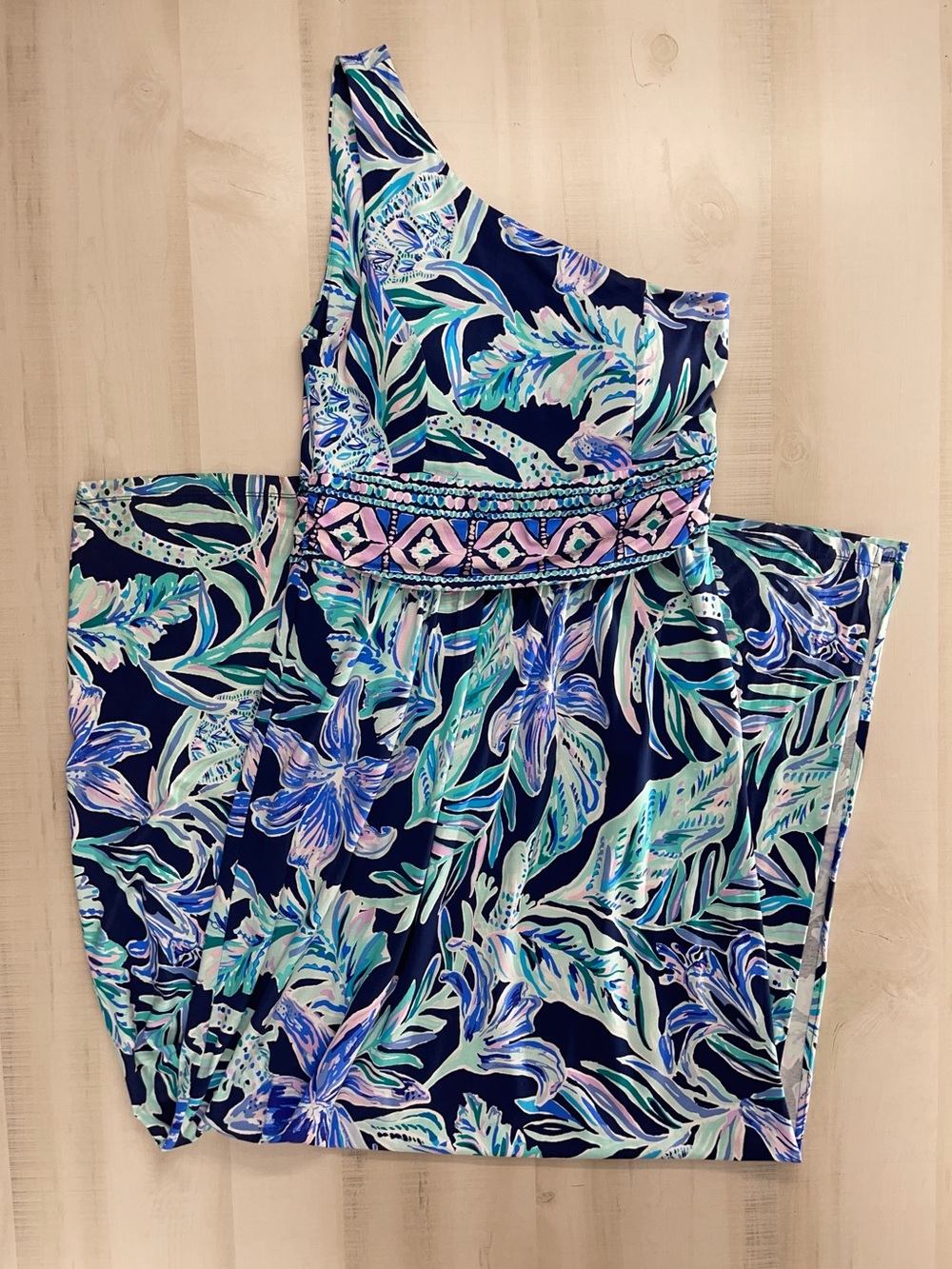 LILLY PULITZER Malia High Tide one shoulder maxi dress printed stretch soft L